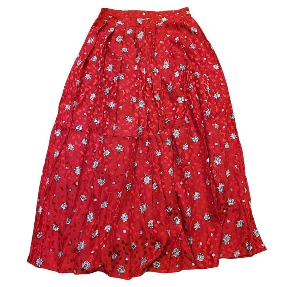 Vintage Maggy London Skirt Women's XS Red Silk Pleated Midi Print 1980s